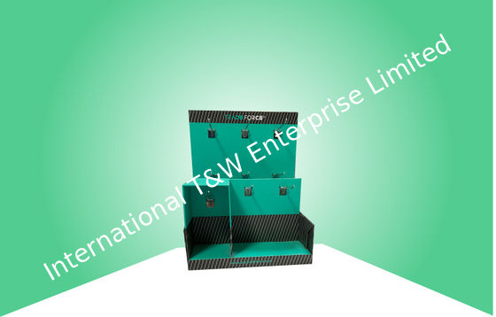 Dobra cena. Wykonany na zamówienie niebieski kartonowy wyświetlacz licznika przymocowany metalowymi haczykami na artykuły elektroniczne w Internecie